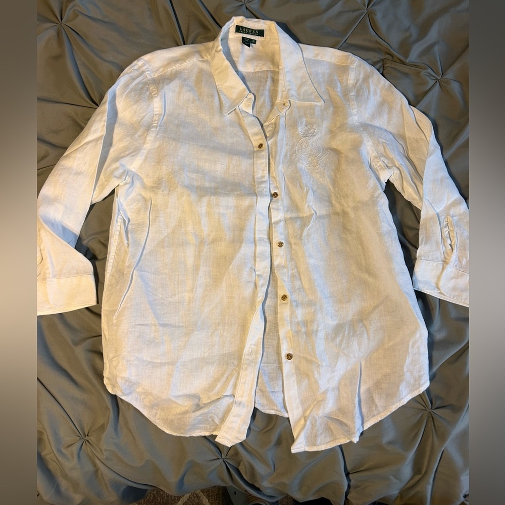 Ralph Lauren White Linen Relaxed Button-Front Blouse